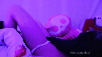 Soft Asian Redhead girl solo masturbating in bed fursuit mask fingering horny Babe teen lesbian