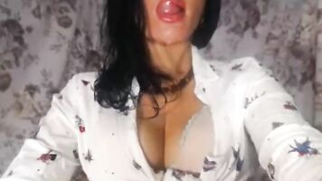 Hot lady suck and lick her dildo with spit